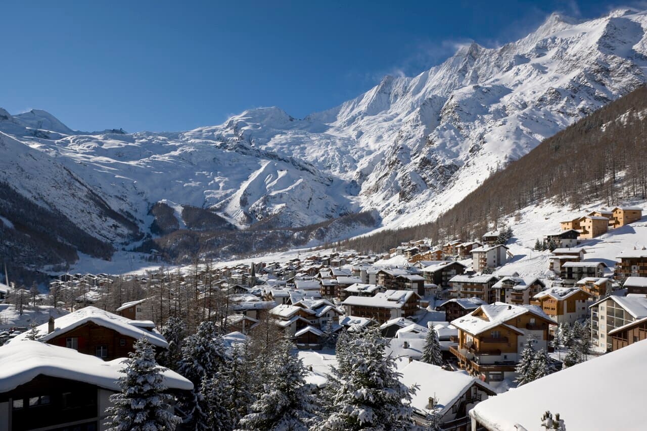 Saas-Fee village in winter, Switzerland — above 1,800m base with glacier skiing to 3,600m