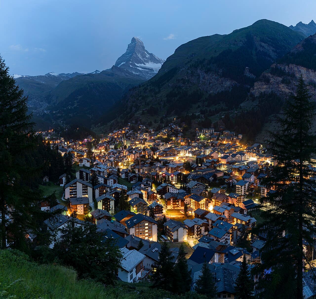 Zermatt village beneath the Matterhorn at evening
